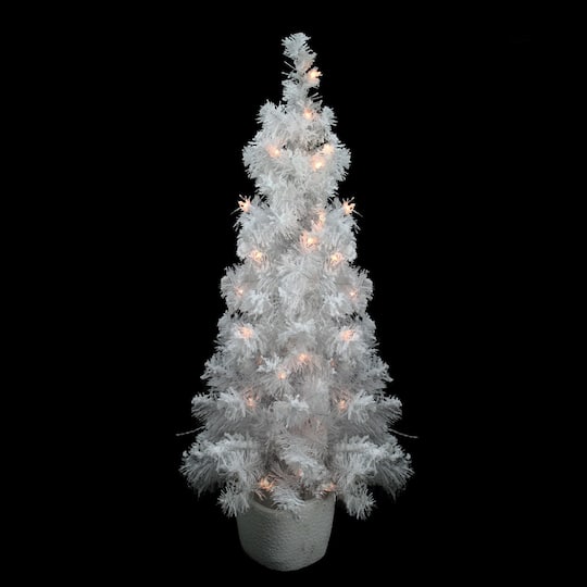 3.5ft. Pre-Lit Potted Flocked White Tinsel Christmas Tree, Clear Lights